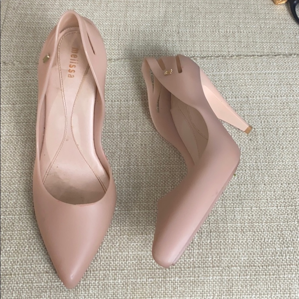 Melissa heels, “nude” pinkish-beige color.